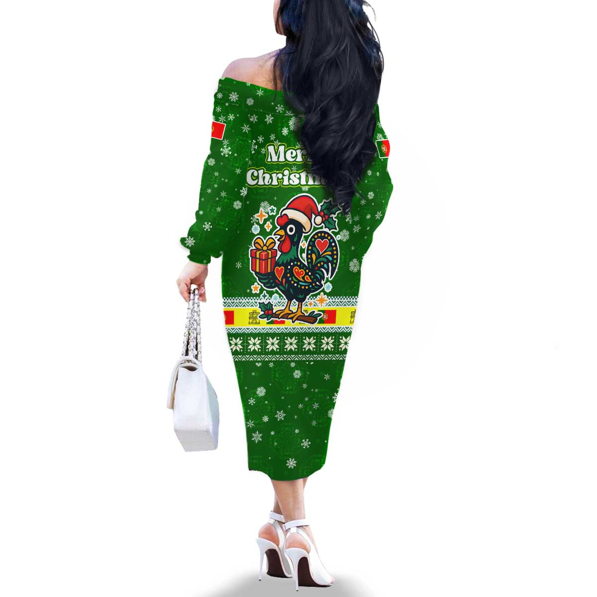 Portugal Christmas Family Matching Off The Shoulder Long Sleeve Dress and Hawaiian Shirt with Green Galo de Barcelos Rooster Santa Hat and Gift - Wonder Print Shop
