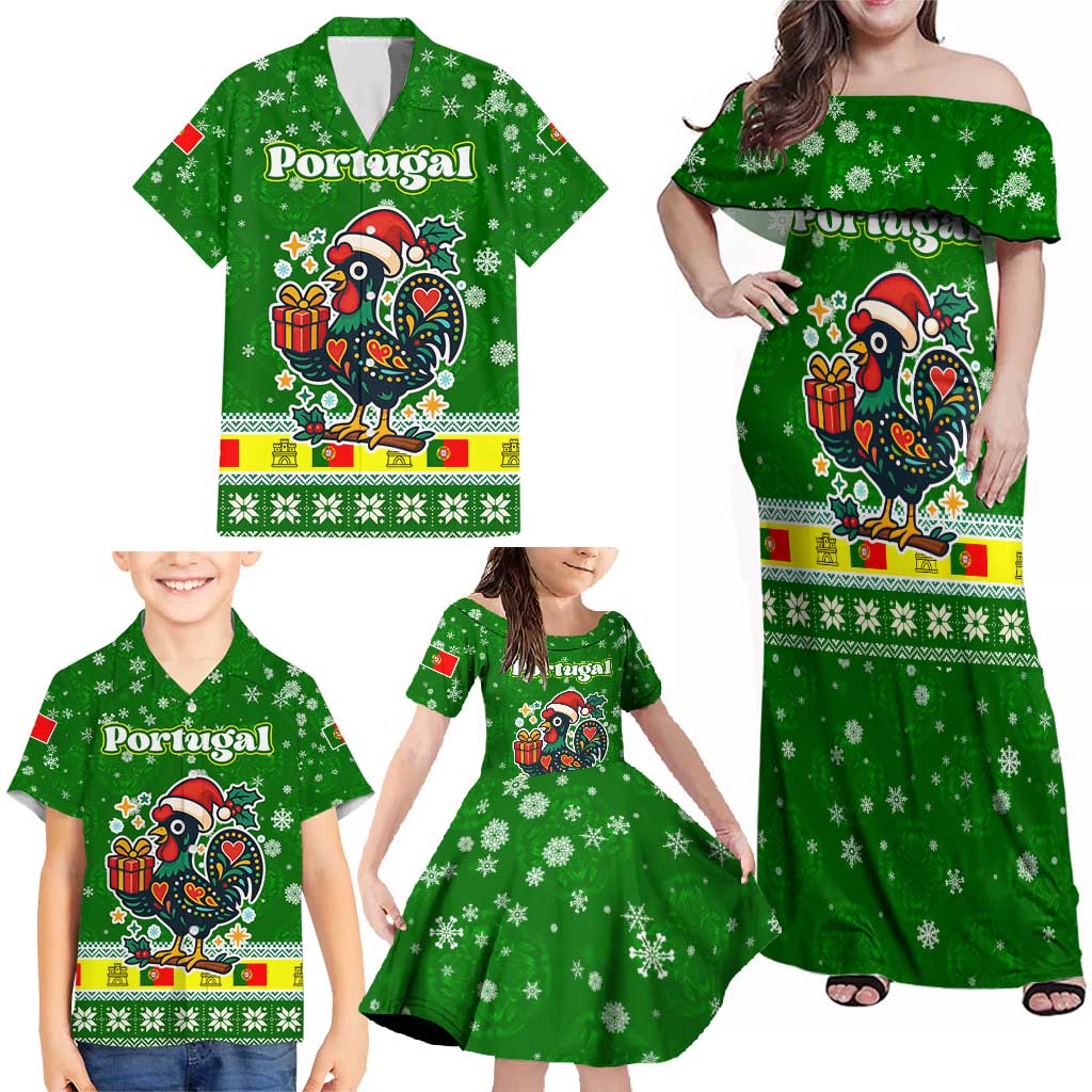 Portugal Christmas Family Matching Off Shoulder Maxi Dress and Hawaiian Shirt with Green Galo de Barcelos Rooster Santa Hat and Gift - Wonder Print Shop
