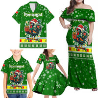 Portugal Christmas Family Matching Off Shoulder Maxi Dress and Hawaiian Shirt with Green Galo de Barcelos Rooster Santa Hat and Gift - Wonder Print Shop