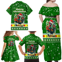 Portugal Christmas Family Matching Off Shoulder Maxi Dress and Hawaiian Shirt with Green Galo de Barcelos Rooster Santa Hat and Gift - Wonder Print Shop