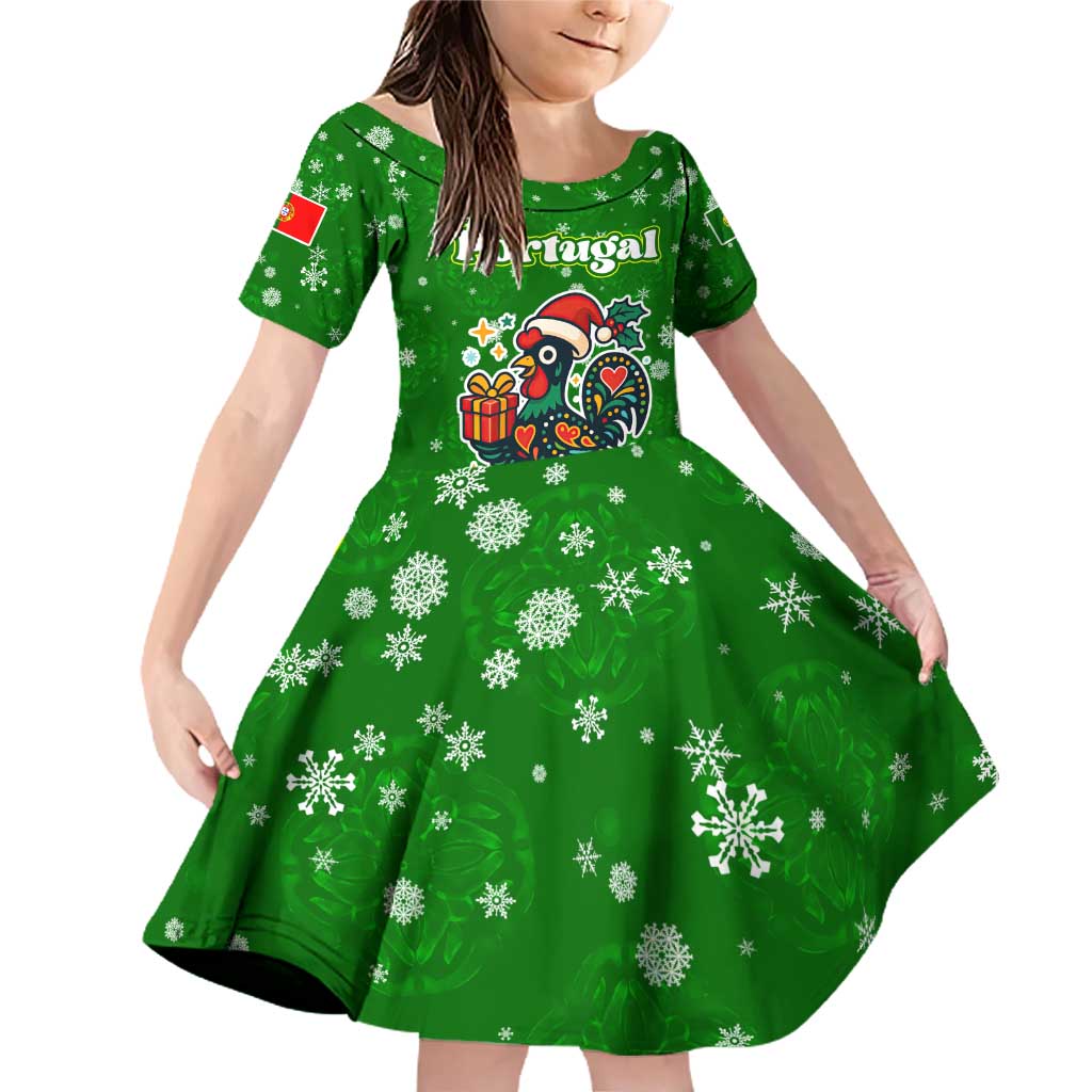 Portugal Christmas Family Matching Off Shoulder Short Dress and Hawaiian Shirt with Green Galo de Barcelos Rooster Santa Hat and Gift - Wonder Print Shop