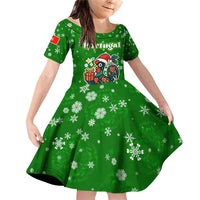 Portugal Christmas Family Matching Off Shoulder Short Dress and Hawaiian Shirt with Green Galo de Barcelos Rooster Santa Hat and Gift - Wonder Print Shop