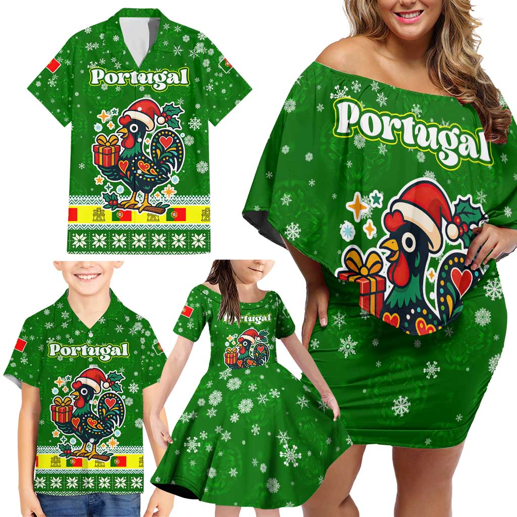 Portugal Christmas Family Matching Off Shoulder Short Dress and Hawaiian Shirt with Green Galo de Barcelos Rooster Santa Hat and Gift - Wonder Print Shop