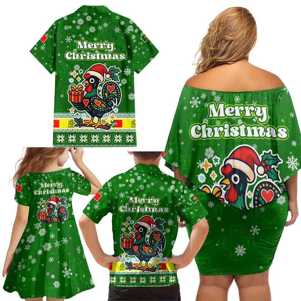 Portugal Christmas Family Matching Off Shoulder Short Dress and Hawaiian Shirt with Green Galo de Barcelos Rooster Santa Hat and Gift - Wonder Print Shop