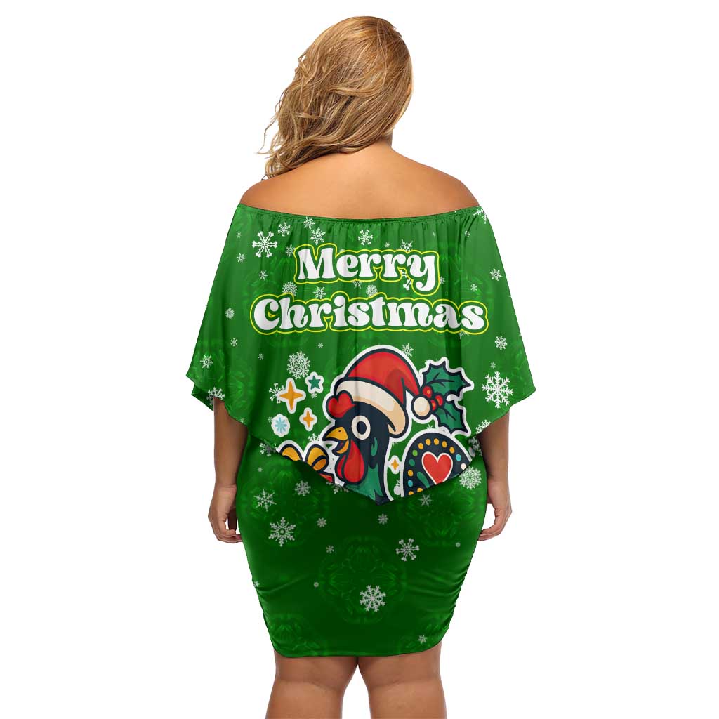 Portugal Christmas Family Matching Off Shoulder Short Dress and Hawaiian Shirt with Green Galo de Barcelos Rooster Santa Hat and Gift - Wonder Print Shop