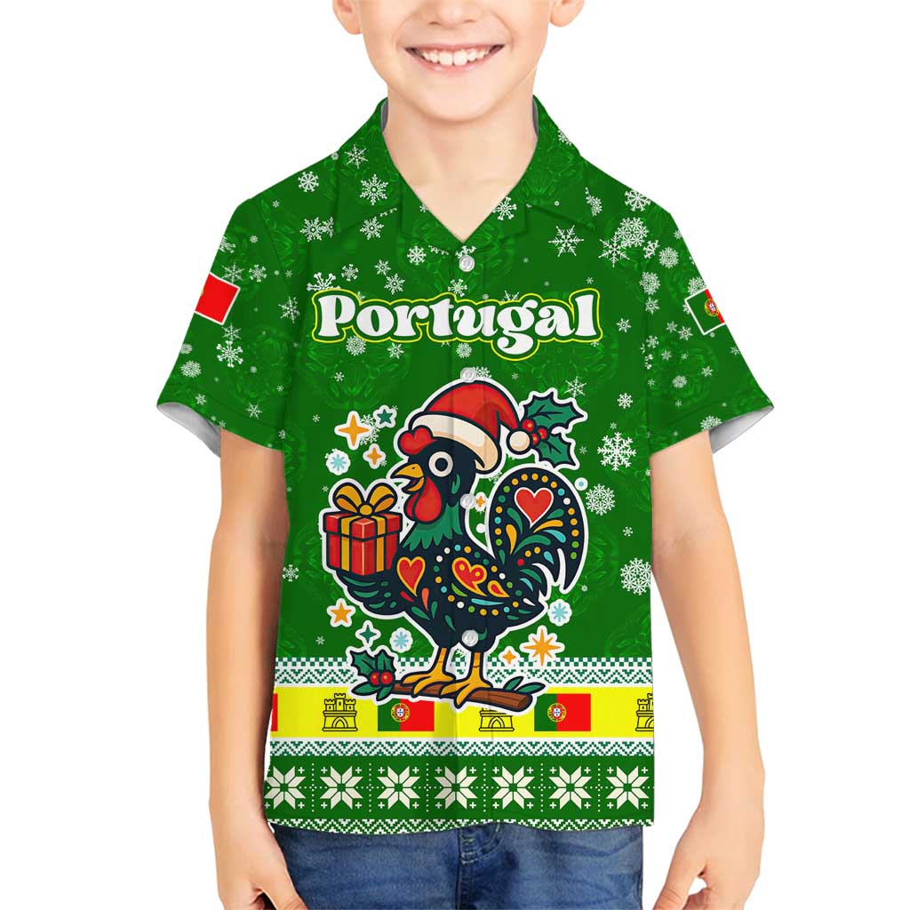Portugal Christmas Family Matching Off Shoulder Short Dress and Hawaiian Shirt with Green Galo de Barcelos Rooster Santa Hat and Gift - Wonder Print Shop