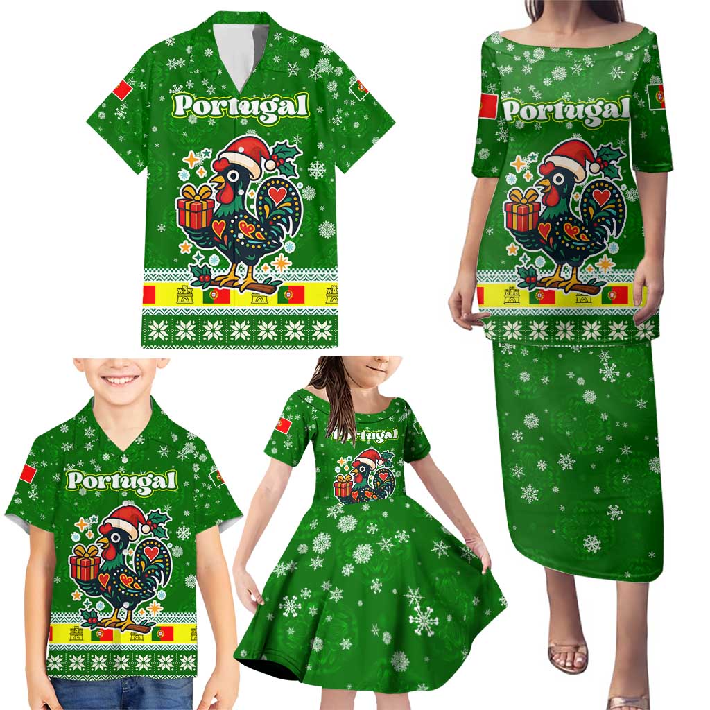 Portugal Christmas Family Matching Puletasi and Hawaiian Shirt with Green Galo de Barcelos Rooster Santa Hat and Gift - Wonder Print Shop