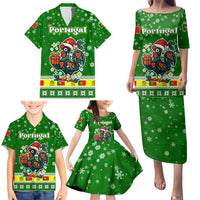 Portugal Christmas Family Matching Puletasi and Hawaiian Shirt with Green Galo de Barcelos Rooster Santa Hat and Gift - Wonder Print Shop