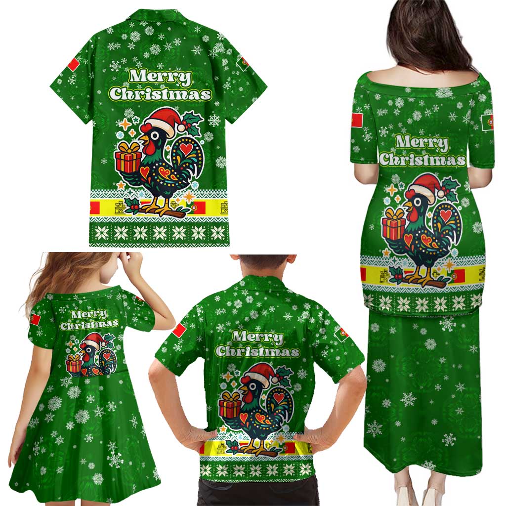 Portugal Christmas Family Matching Puletasi and Hawaiian Shirt with Green Galo de Barcelos Rooster Santa Hat and Gift - Wonder Print Shop