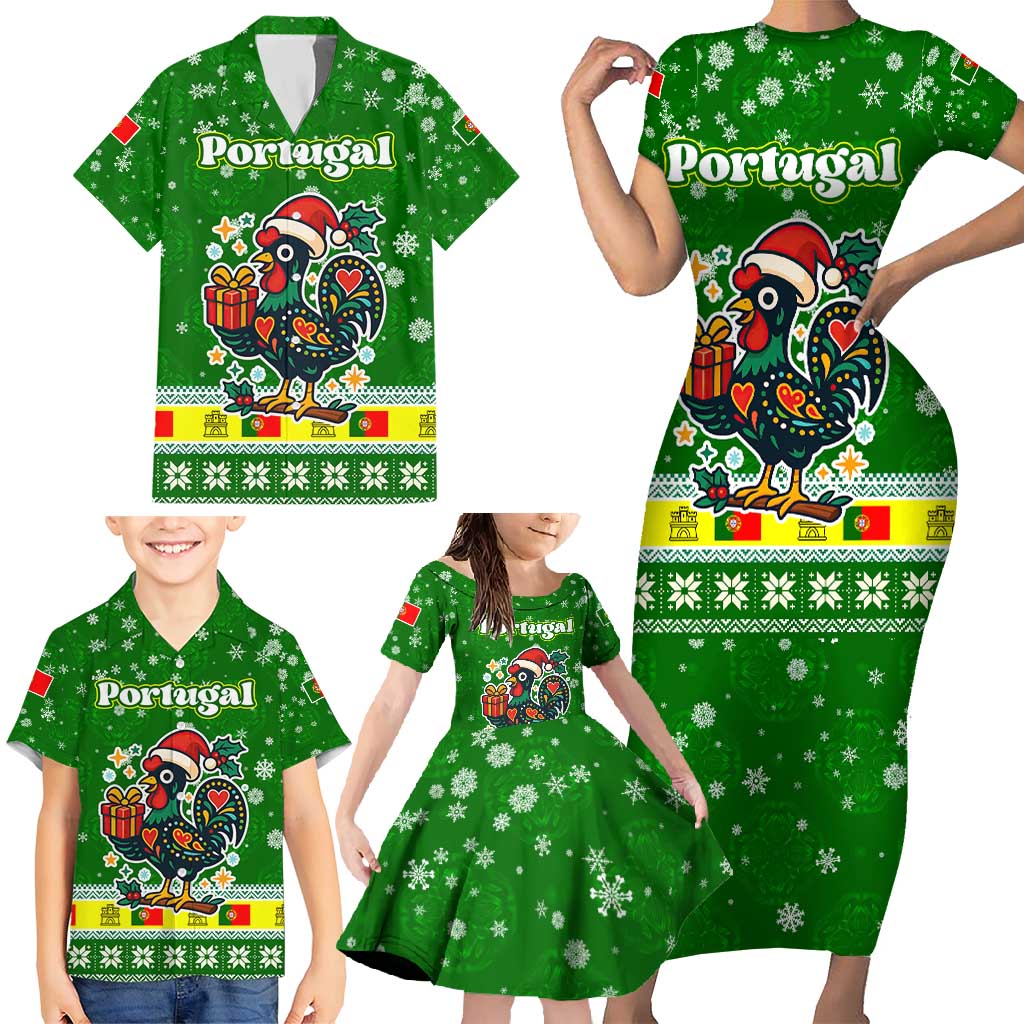 Portugal Christmas Family Matching Short Sleeve Bodycon Dress and Hawaiian Shirt with Green Galo de Barcelos Rooster Santa Hat and Gift - Wonder Print Shop