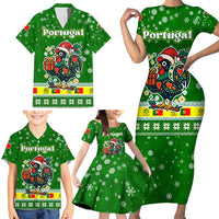 Portugal Christmas Family Matching Short Sleeve Bodycon Dress and Hawaiian Shirt with Green Galo de Barcelos Rooster Santa Hat and Gift - Wonder Print Shop