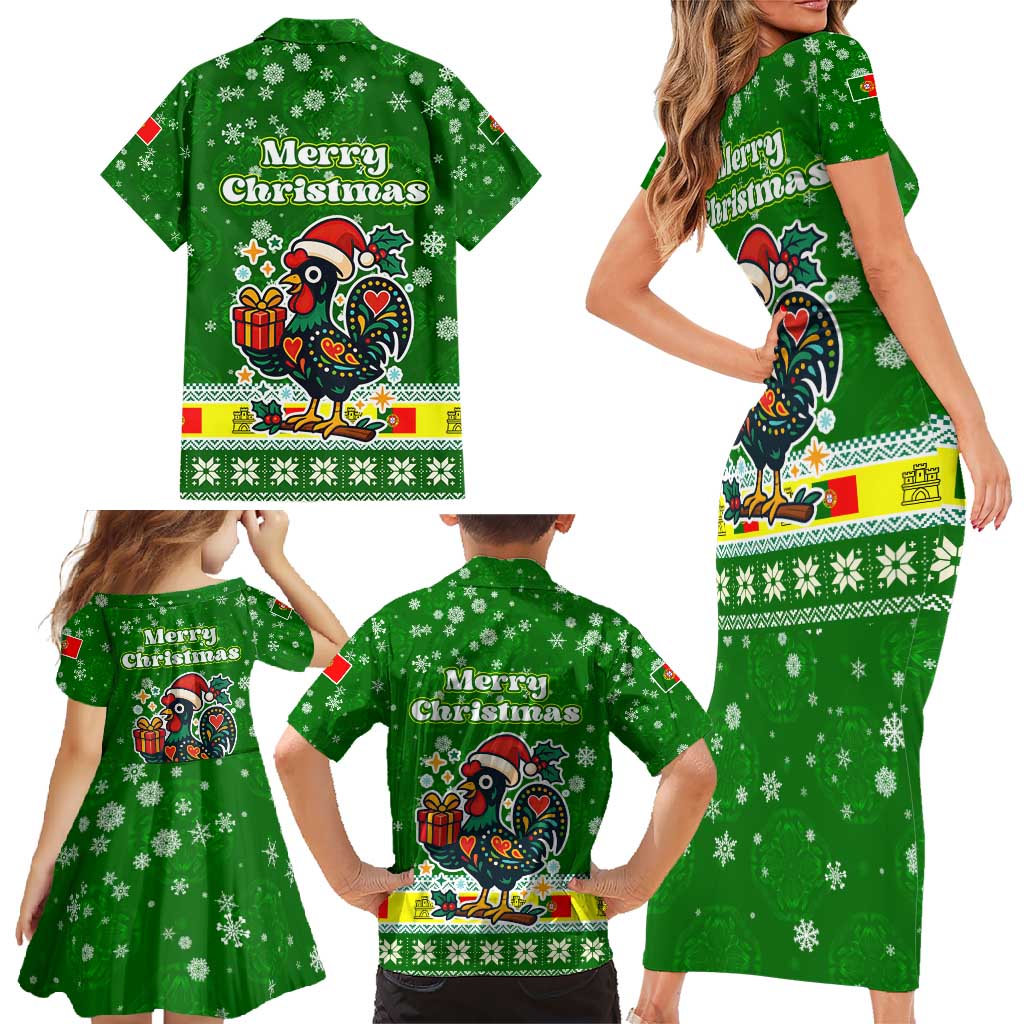 Portugal Christmas Family Matching Short Sleeve Bodycon Dress and Hawaiian Shirt with Green Galo de Barcelos Rooster Santa Hat and Gift - Wonder Print Shop