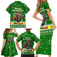 Portugal Christmas Family Matching Short Sleeve Bodycon Dress and Hawaiian Shirt with Green Galo de Barcelos Rooster Santa Hat and Gift - Wonder Print Shop