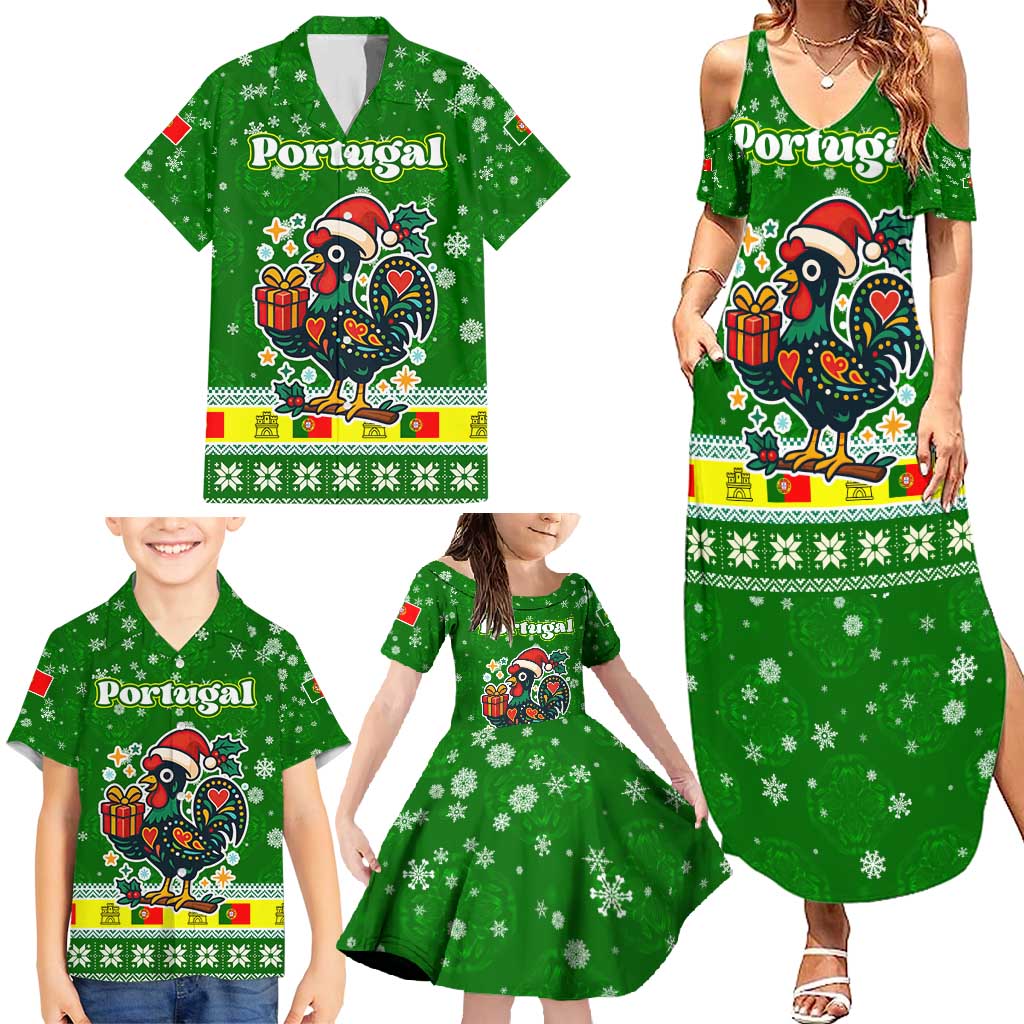 Portugal Christmas Family Matching Summer Maxi Dress and Hawaiian Shirt with Green Galo de Barcelos Rooster Santa Hat and Gift - Wonder Print Shop