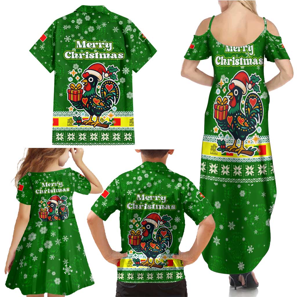Portugal Christmas Family Matching Summer Maxi Dress and Hawaiian Shirt with Green Galo de Barcelos Rooster Santa Hat and Gift - Wonder Print Shop