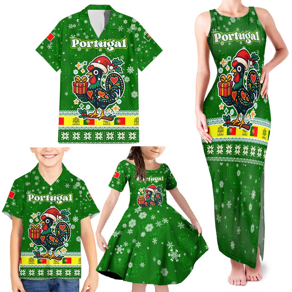 Portugal Christmas Family Matching Tank Maxi Dress and Hawaiian Shirt with Green Galo de Barcelos Rooster Santa Hat and Gift - Wonder Print Shop