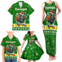 Portugal Christmas Family Matching Tank Maxi Dress and Hawaiian Shirt with Green Galo de Barcelos Rooster Santa Hat and Gift - Wonder Print Shop