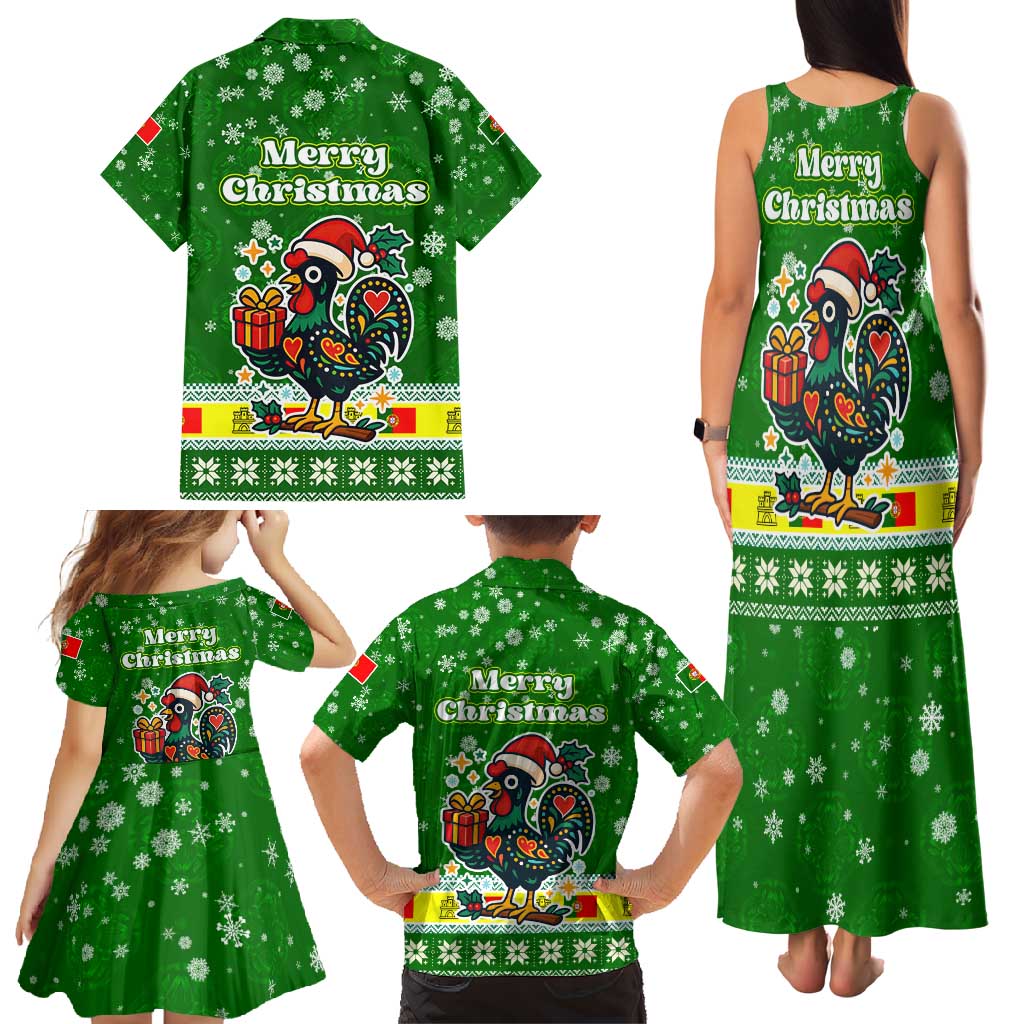 Portugal Christmas Family Matching Tank Maxi Dress and Hawaiian Shirt with Green Galo de Barcelos Rooster Santa Hat and Gift - Wonder Print Shop