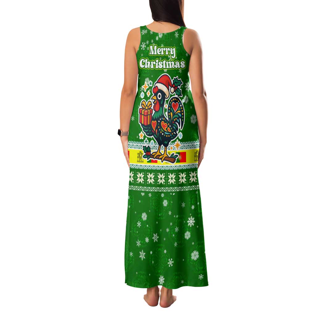 Portugal Christmas Family Matching Tank Maxi Dress and Hawaiian Shirt with Green Galo de Barcelos Rooster Santa Hat and Gift - Wonder Print Shop