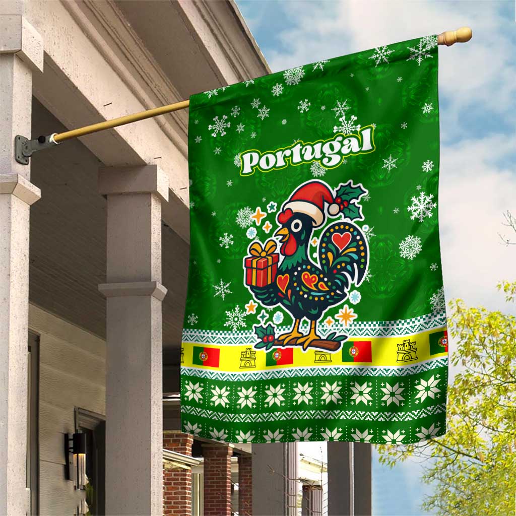 Portugal Christmas Garden Flag with Green Galo de Barcelos Rooster Santa Hat and Gift - Wonder Print Shop