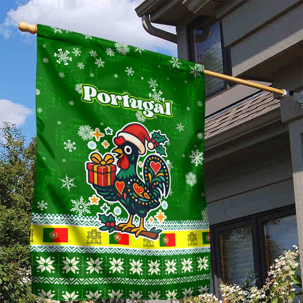 Portugal Christmas Garden Flag with Green Galo de Barcelos Rooster Santa Hat and Gift - Wonder Print Shop