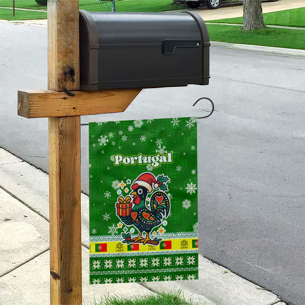 Portugal Christmas Garden Flag with Green Galo de Barcelos Rooster Santa Hat and Gift - Wonder Print Shop