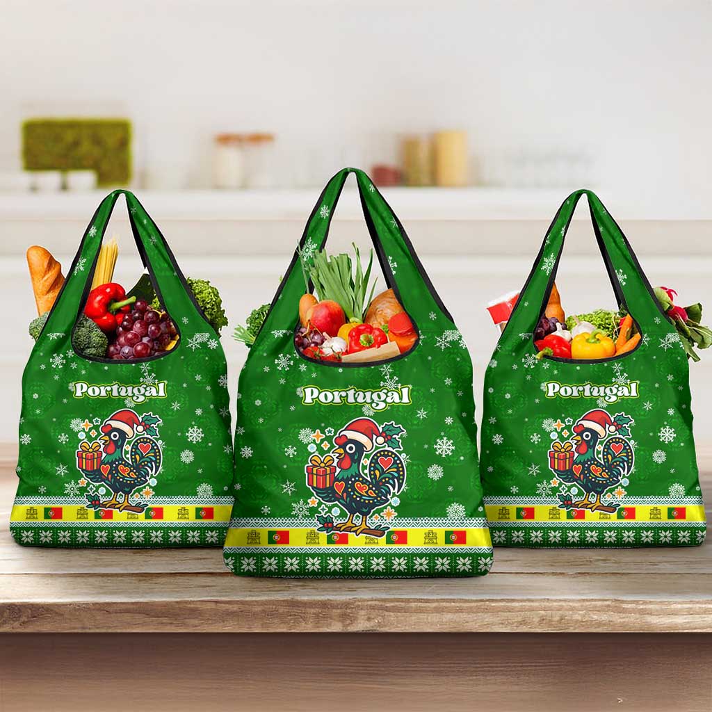 Portugal Christmas Grocery Bag with Green Galo de Barcelos Rooster Santa Hat and Gift - Wonder Print Shop
