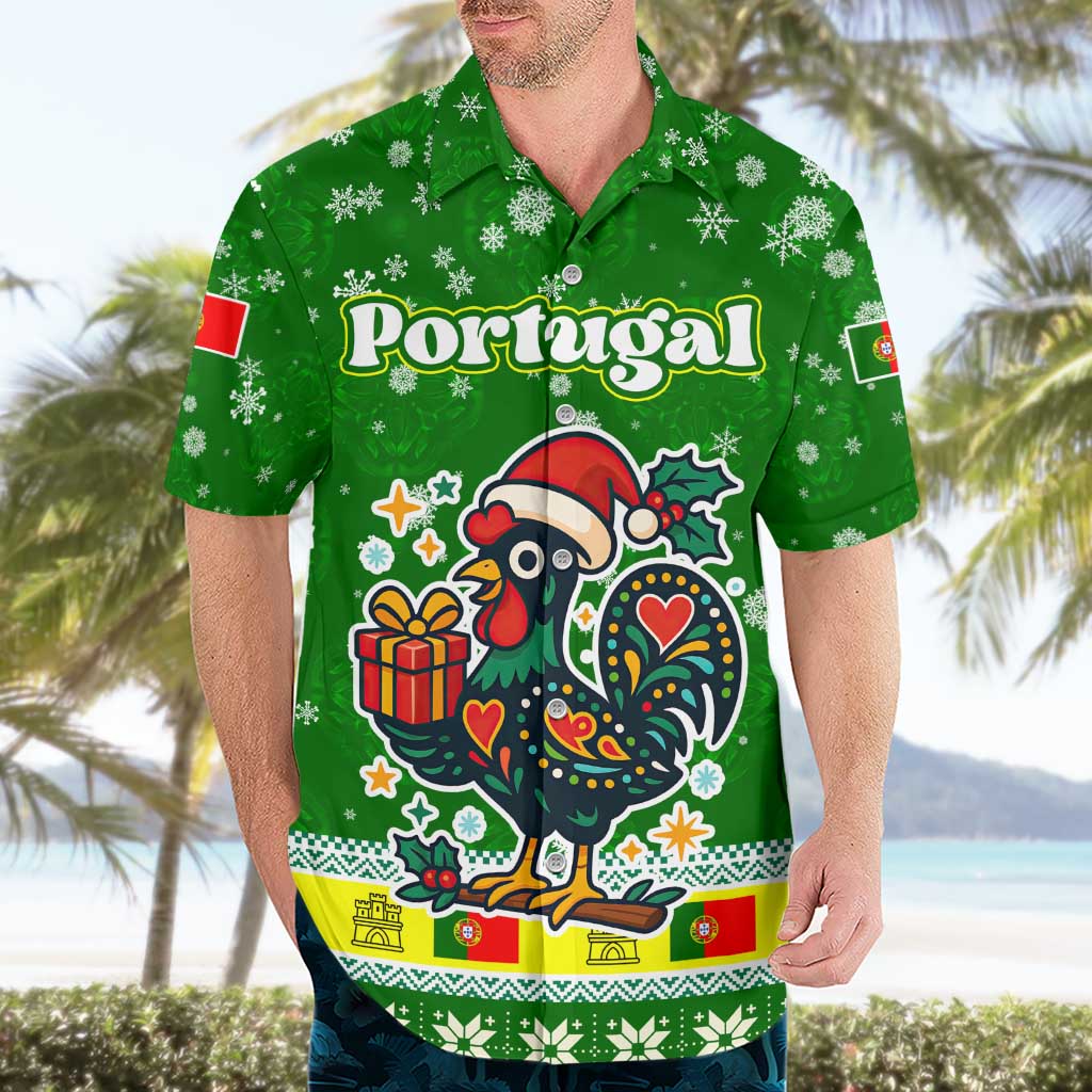 Portugal Christmas Hawaiian Shirt with Green Galo de Barcelos Rooster Santa Hat and Gift - Wonder Print Shop