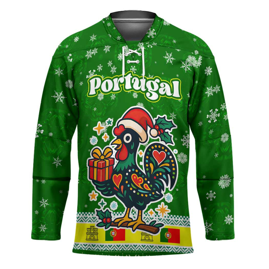 Portugal Christmas Hockey Jersey with Green Galo de Barcelos Rooster Santa Hat and Gift - Wonder Print Shop