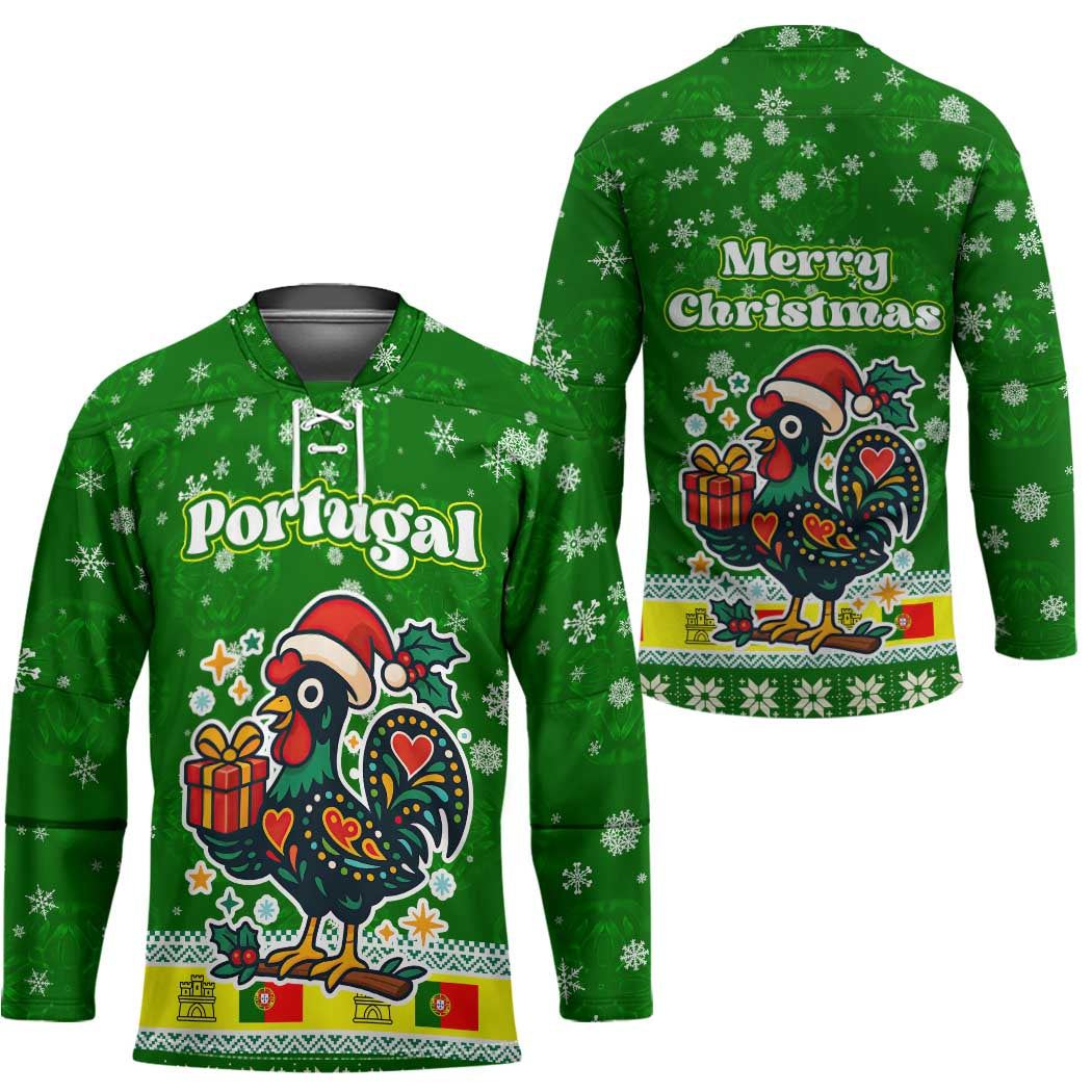 Portugal Christmas Hockey Jersey with Green Galo de Barcelos Rooster Santa Hat and Gift - Wonder Print Shop