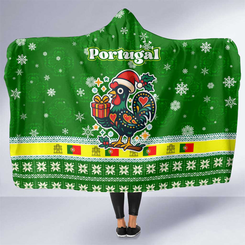 Portugal Christmas Hooded Blanket with Green Galo de Barcelos Rooster Santa Hat and Gift - Wonder Print Shop