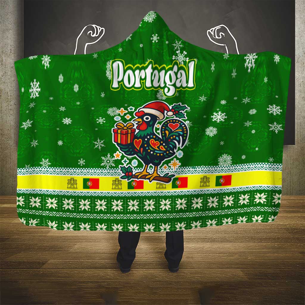 Portugal Christmas Hooded Blanket with Green Galo de Barcelos Rooster Santa Hat and Gift - Wonder Print Shop