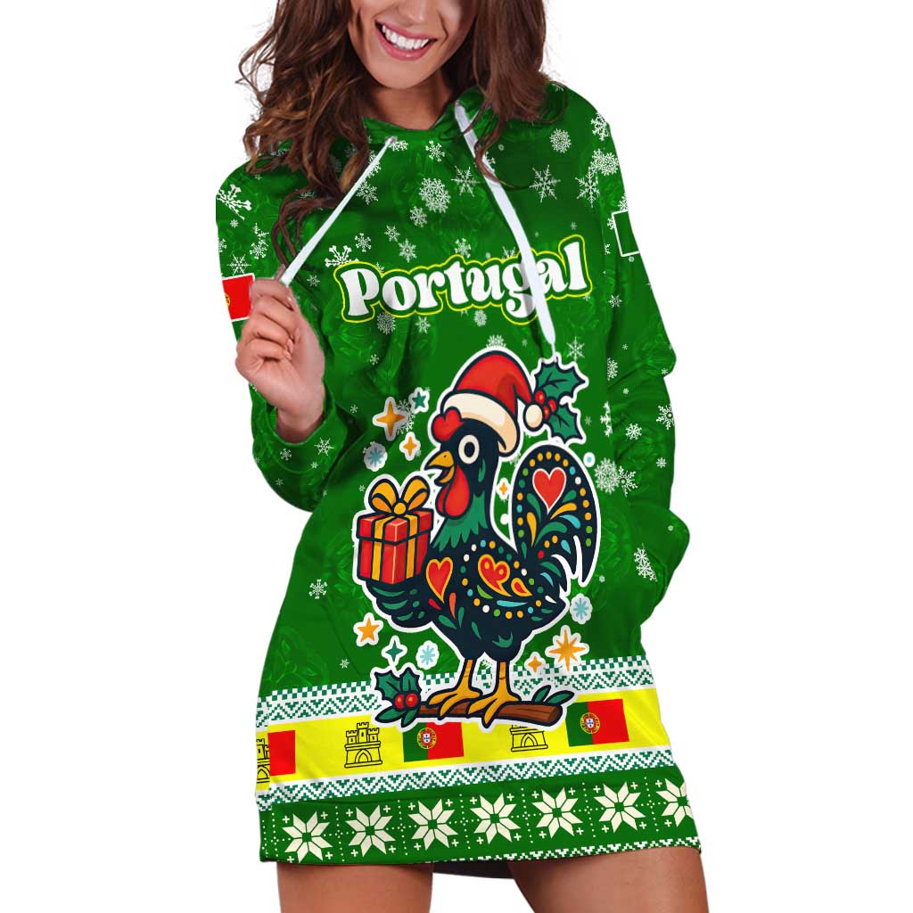 Portugal Christmas Hoodie Dress with Green Galo de Barcelos Rooster Santa Hat and Gift - Wonder Print Shop