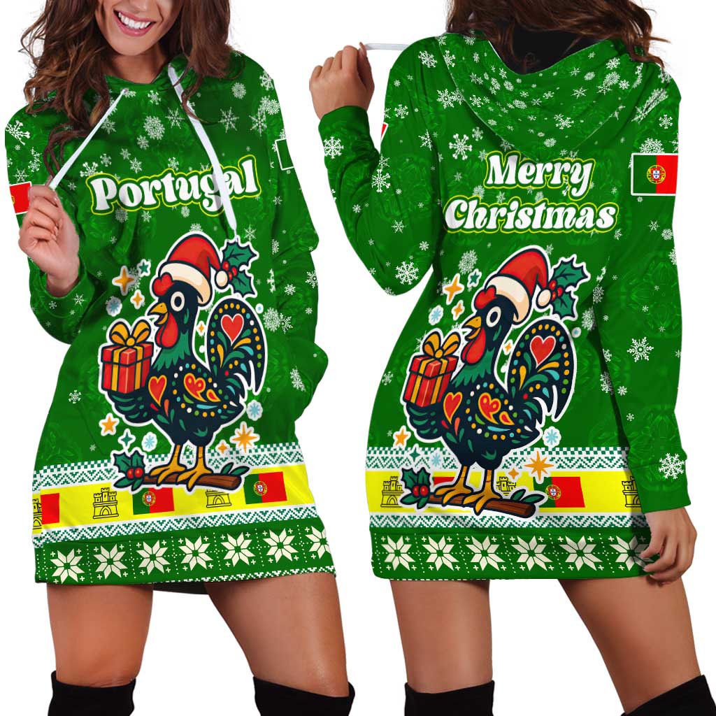 Portugal Christmas Hoodie Dress with Green Galo de Barcelos Rooster Santa Hat and Gift - Wonder Print Shop