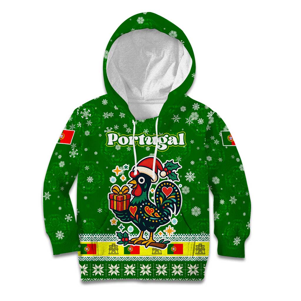 Portugal Christmas Kid Hoodie with Green Galo de Barcelos Rooster Santa Hat and Gift - Wonder Print Shop