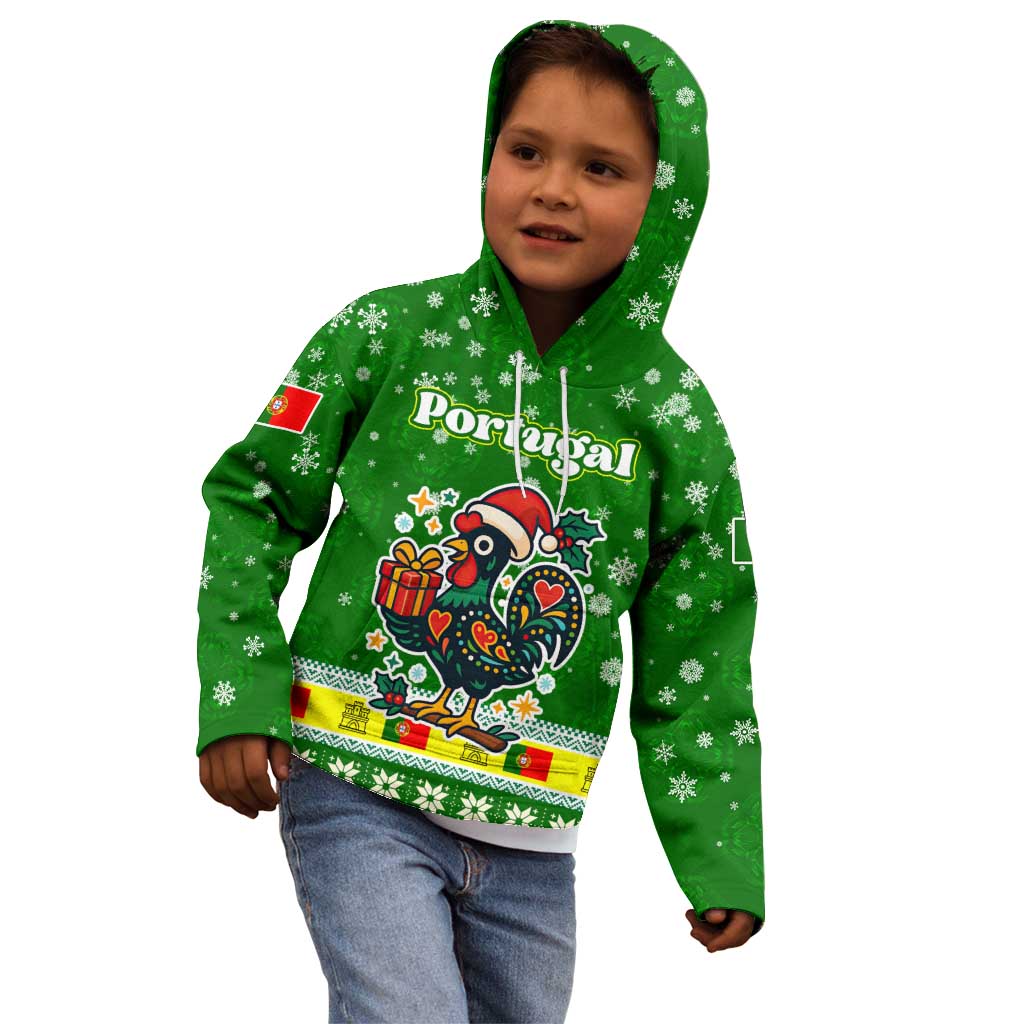 Portugal Christmas Kid Hoodie with Green Galo de Barcelos Rooster Santa Hat and Gift - Wonder Print Shop