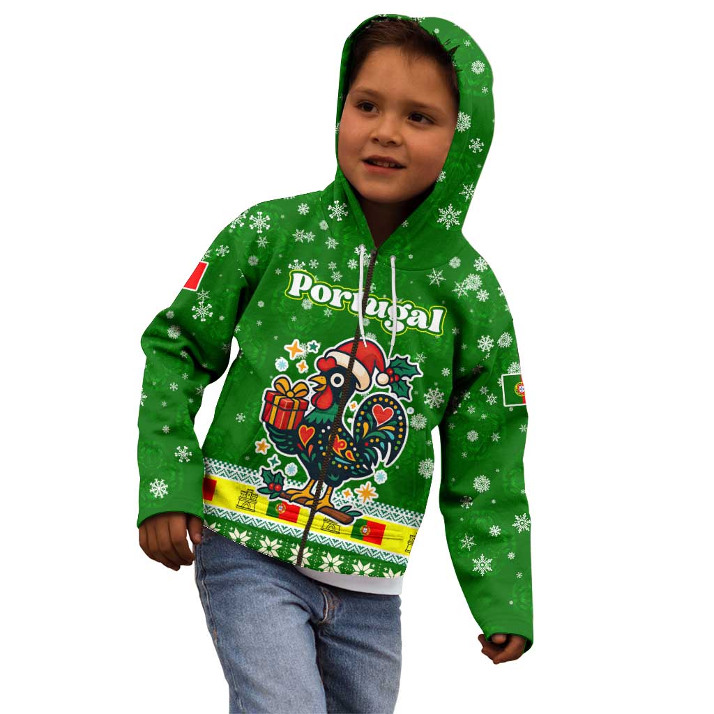 Portugal Christmas Kid Hoodie with Green Galo de Barcelos Rooster Santa Hat and Gift - Wonder Print Shop