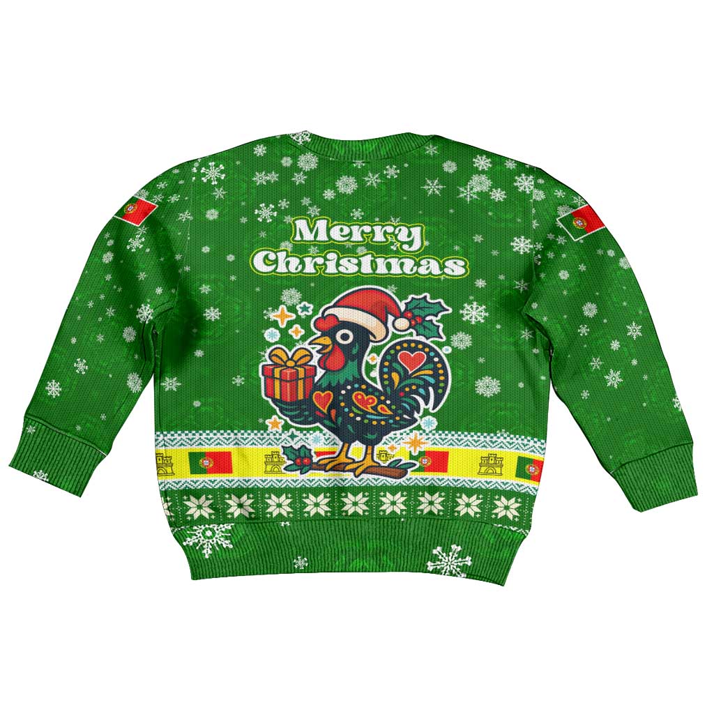 Portugal Christmas Kid Ugly Christmas Sweater with Green Galo de Barcelos Rooster Santa Hat and Gift - Wonder Print Shop