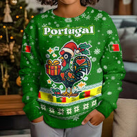 Portugal Christmas Kid Ugly Christmas Sweater with Green Galo de Barcelos Rooster Santa Hat and Gift - Wonder Print Shop