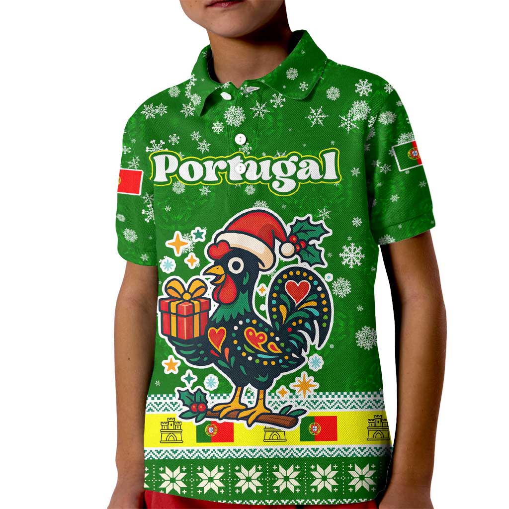 Portugal Christmas Kid Polo Shirt with Green Galo de Barcelos Rooster Santa Hat and Gift - Wonder Print Shop