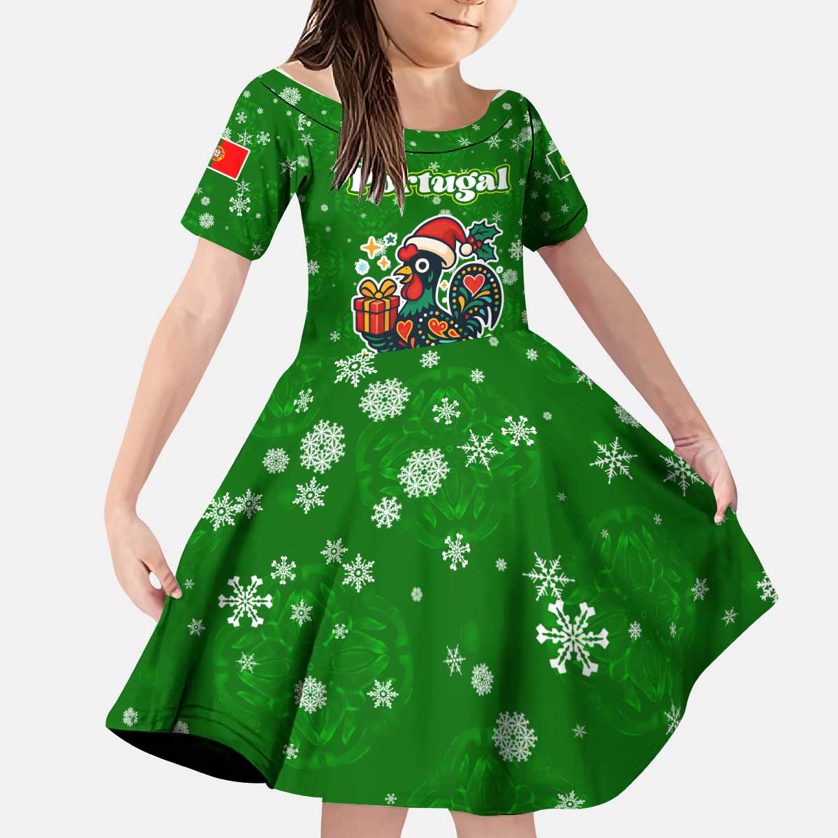 Portugal Christmas Kid Short Sleeve Dress with Green Galo de Barcelos Rooster Santa Hat and Gift - Wonder Print Shop