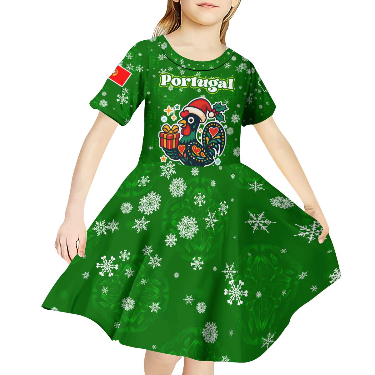 Portugal Christmas Kid Short Sleeve Dress with Green Galo de Barcelos Rooster Santa Hat and Gift - Wonder Print Shop