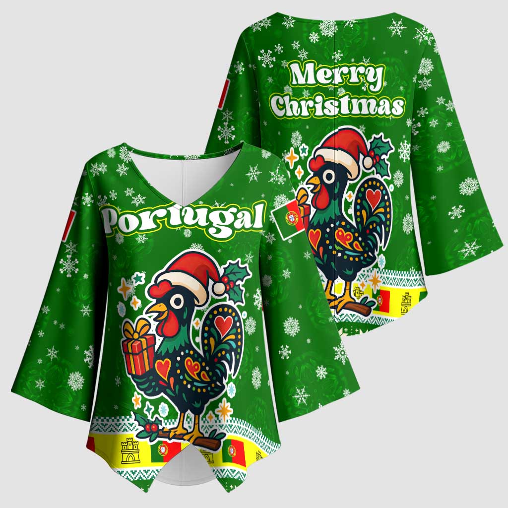 Portugal Christmas Kimono Sleeve Blouse with Green Galo de Barcelos Rooster Santa Hat and Gift - Wonder Print Shop
