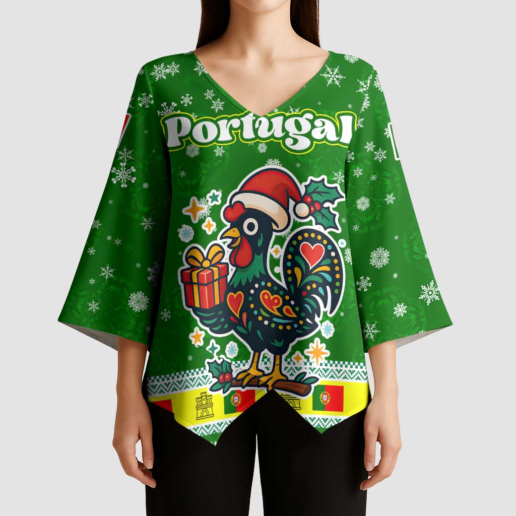 Portugal Christmas Kimono Sleeve Blouse with Green Galo de Barcelos Rooster Santa Hat and Gift - Wonder Print Shop