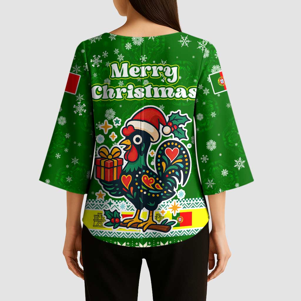 Portugal Christmas Kimono Sleeve Blouse with Green Galo de Barcelos Rooster Santa Hat and Gift - Wonder Print Shop