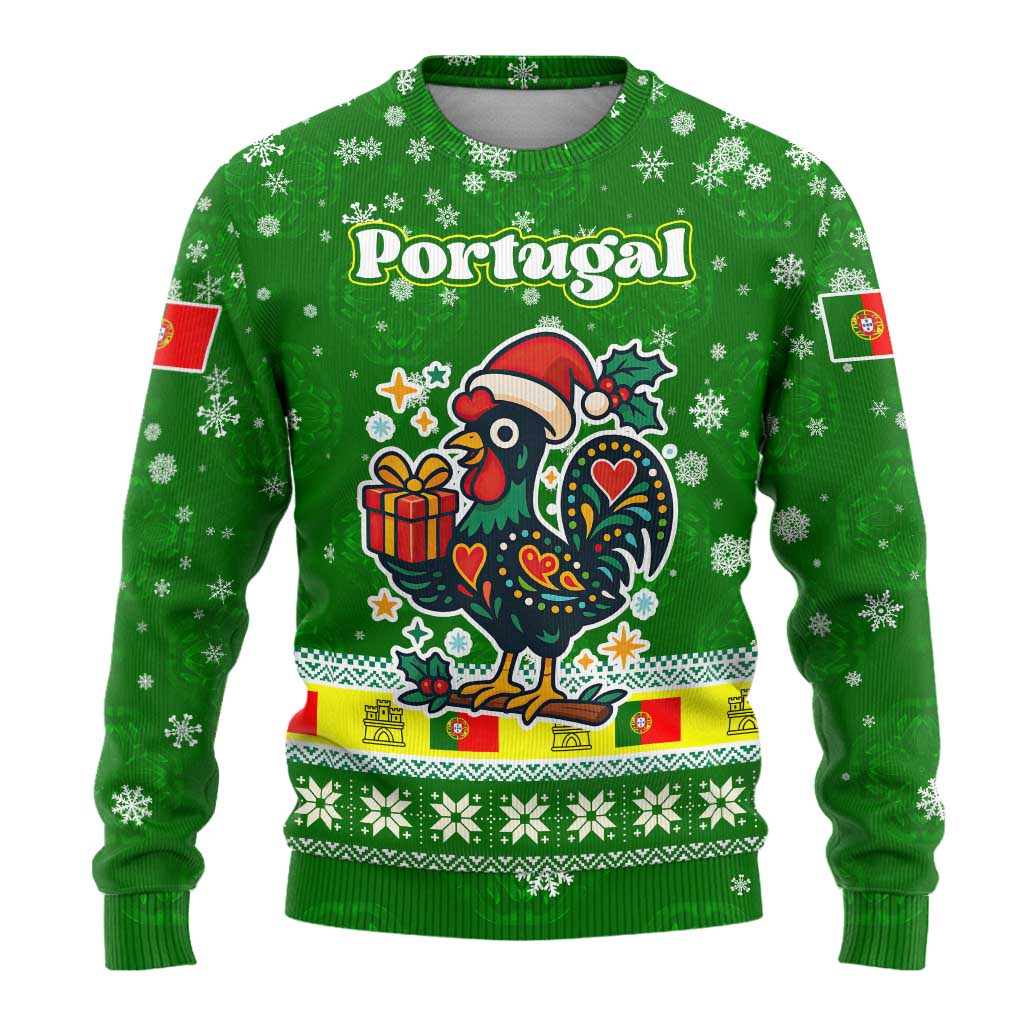 Portugal Christmas Ugly Christmas Sweater with Green Galo de Barcelos Rooster Santa Hat and Gift - Wonder Print Shop