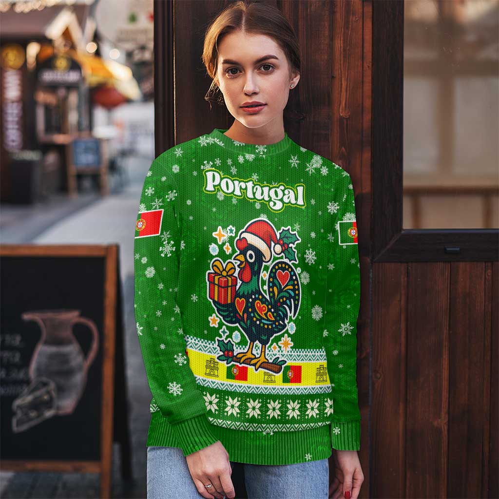 Portugal Christmas Ugly Christmas Sweater with Green Galo de Barcelos Rooster Santa Hat and Gift - Wonder Print Shop