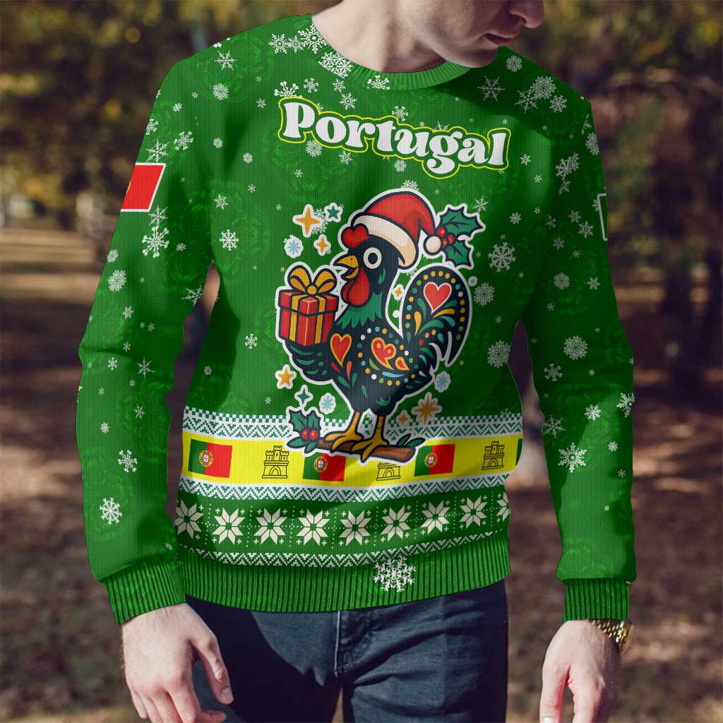 Portugal Christmas Ugly Christmas Sweater with Green Galo de Barcelos Rooster Santa Hat and Gift - Wonder Print Shop
