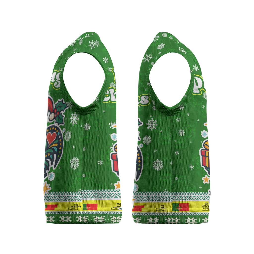 Portugal Christmas Knitted V-Neck Vest with Green Galo de Barcelos Rooster Santa Hat and Gift - Wonder Print Shop
