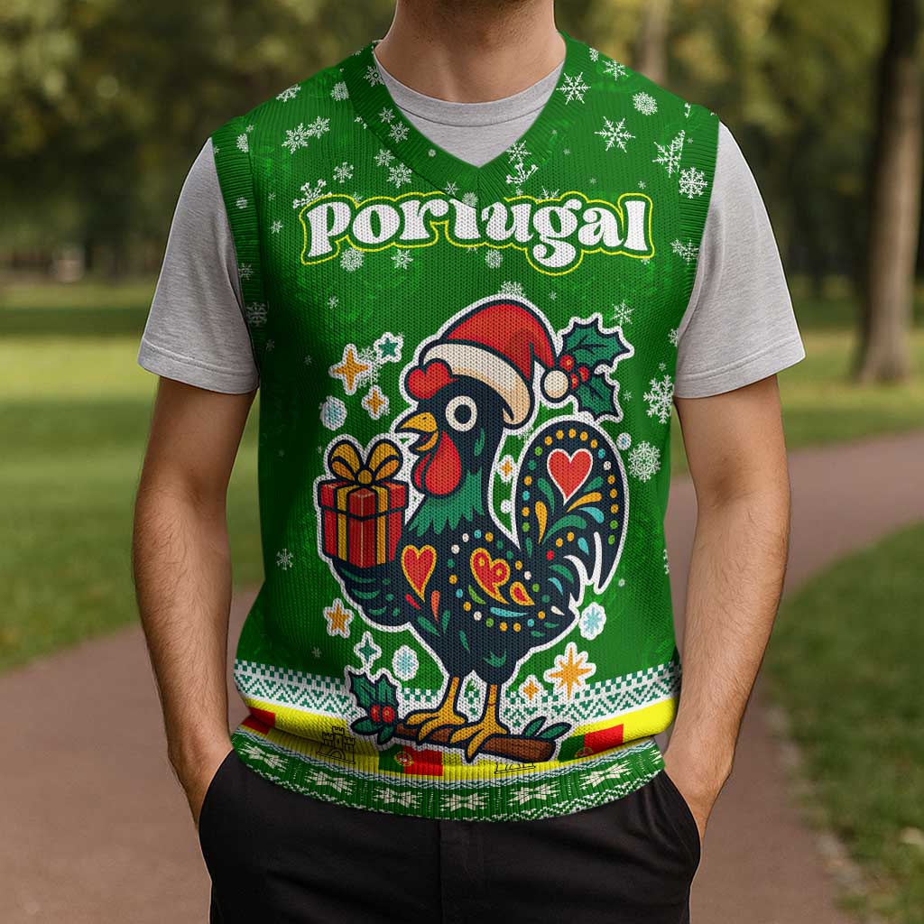 Portugal Christmas Knitted V-Neck Vest with Green Galo de Barcelos Rooster Santa Hat and Gift - Wonder Print Shop